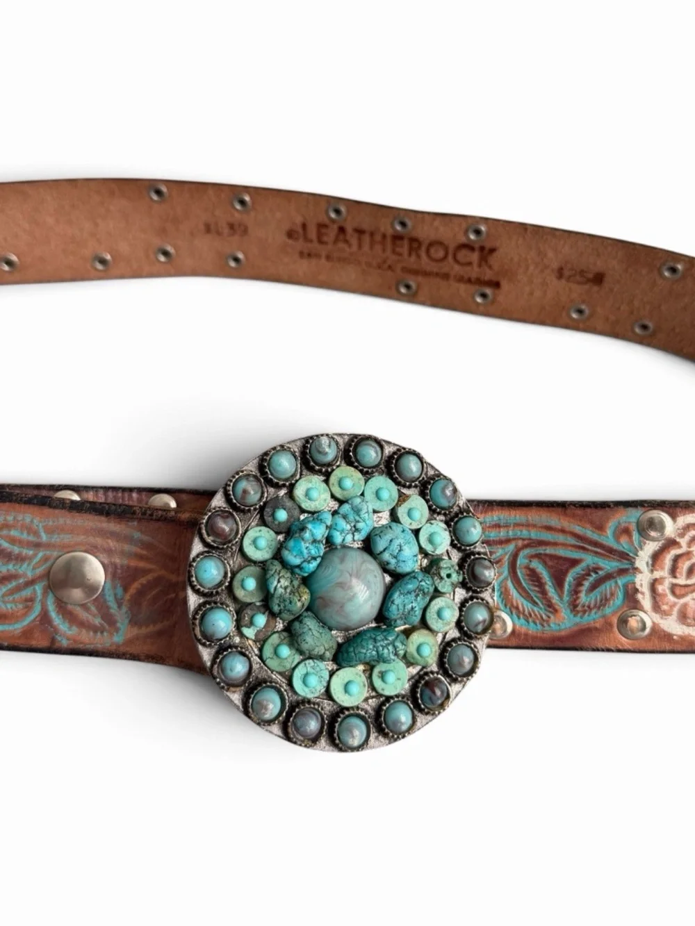 Leatherock Floral Tooled Leather Belt XL 39 Turquoise Removable Buckle Western